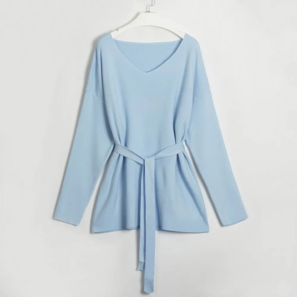 Casual V-neck Knitted Two Piece Pant Set