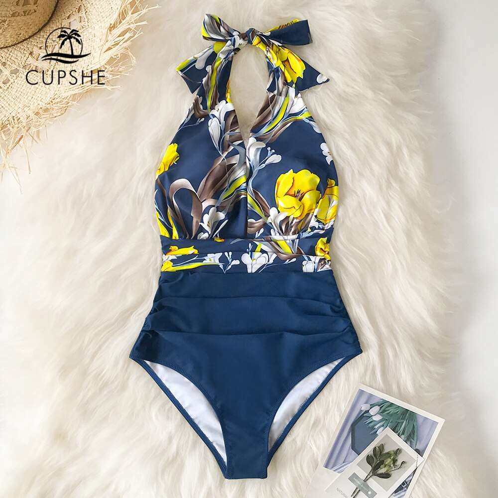 Floral Deep V-neck Halter One-Piece Swimsuit