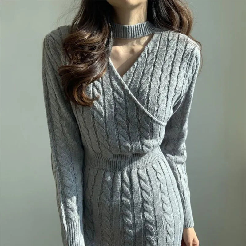 V Neck Knit Bodycon Dress