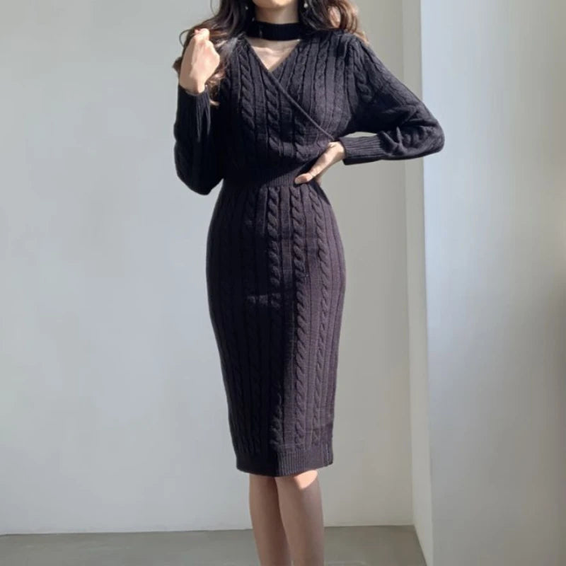 V Neck Knit Bodycon Dress