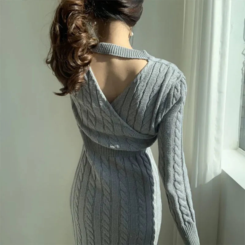 V Neck Knit Bodycon Dress