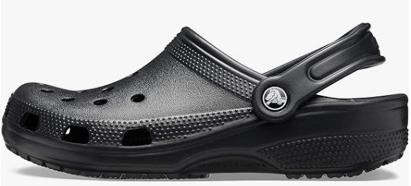 Black Crocs clog with ventilation holes and adjustable heel strap - comfort meets convenience.