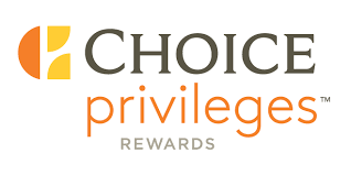 Choice Hotels Rewards Program logo with stylized text and orange semicircle graphic.