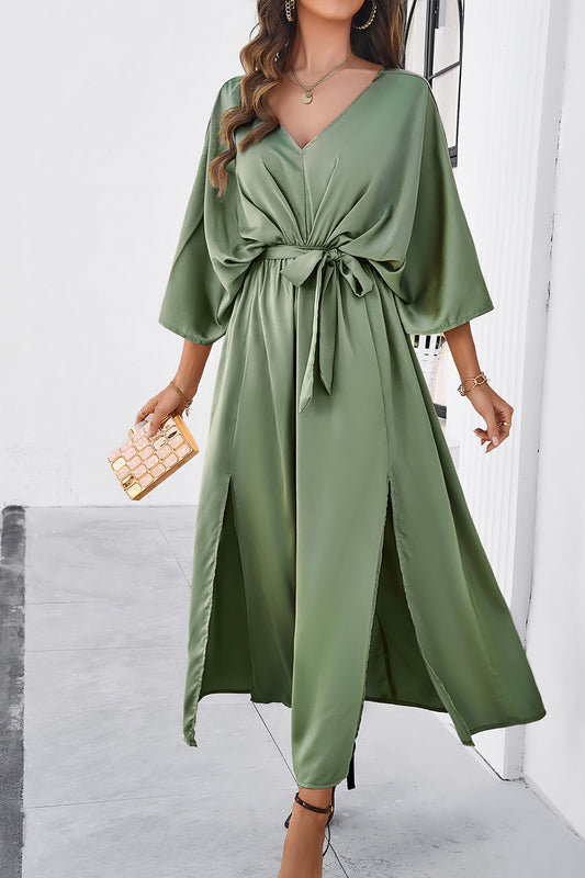 V-Neck Three-Quarter Sleeve Dress with Stylish Side Slit