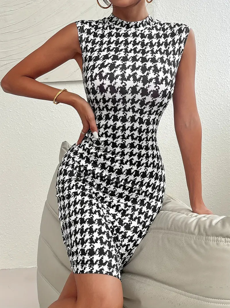 Chic Houndstooth Slim-Fit Mock Neck Dress