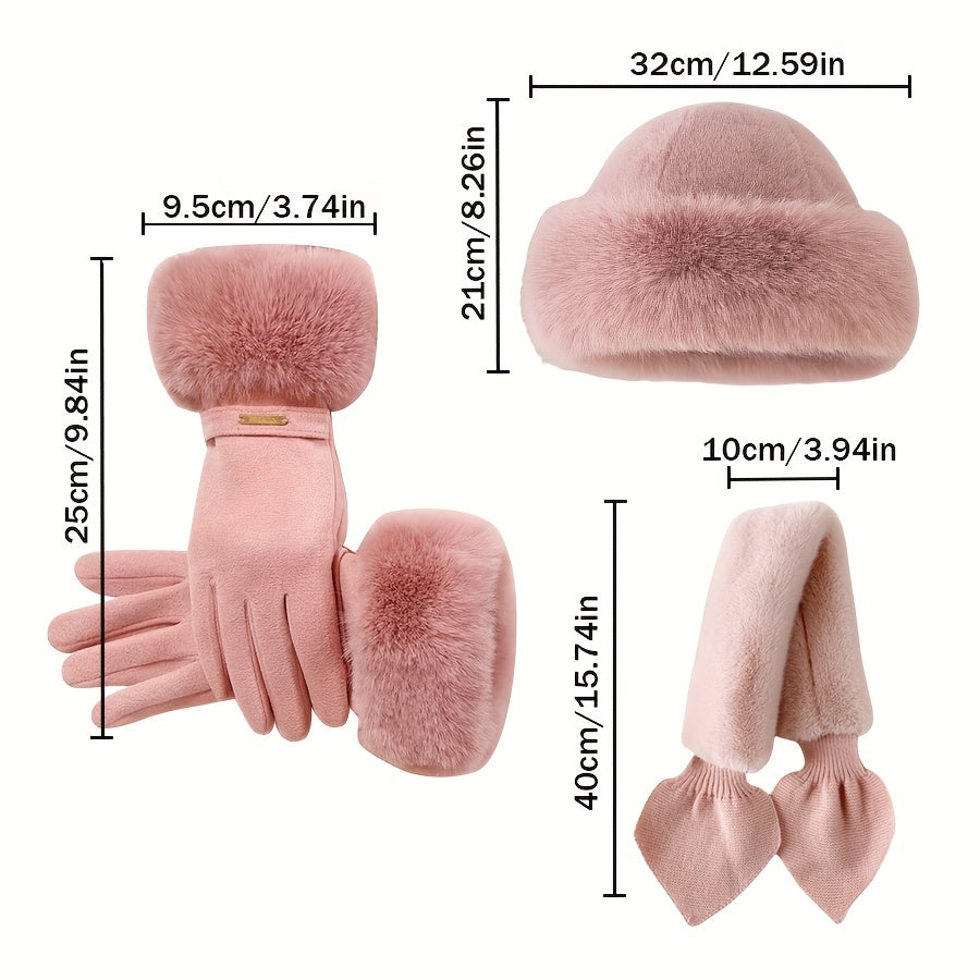 3pcs Winter Warmth Set: Cozy Faux Fur Hat, Gloves & Scarf