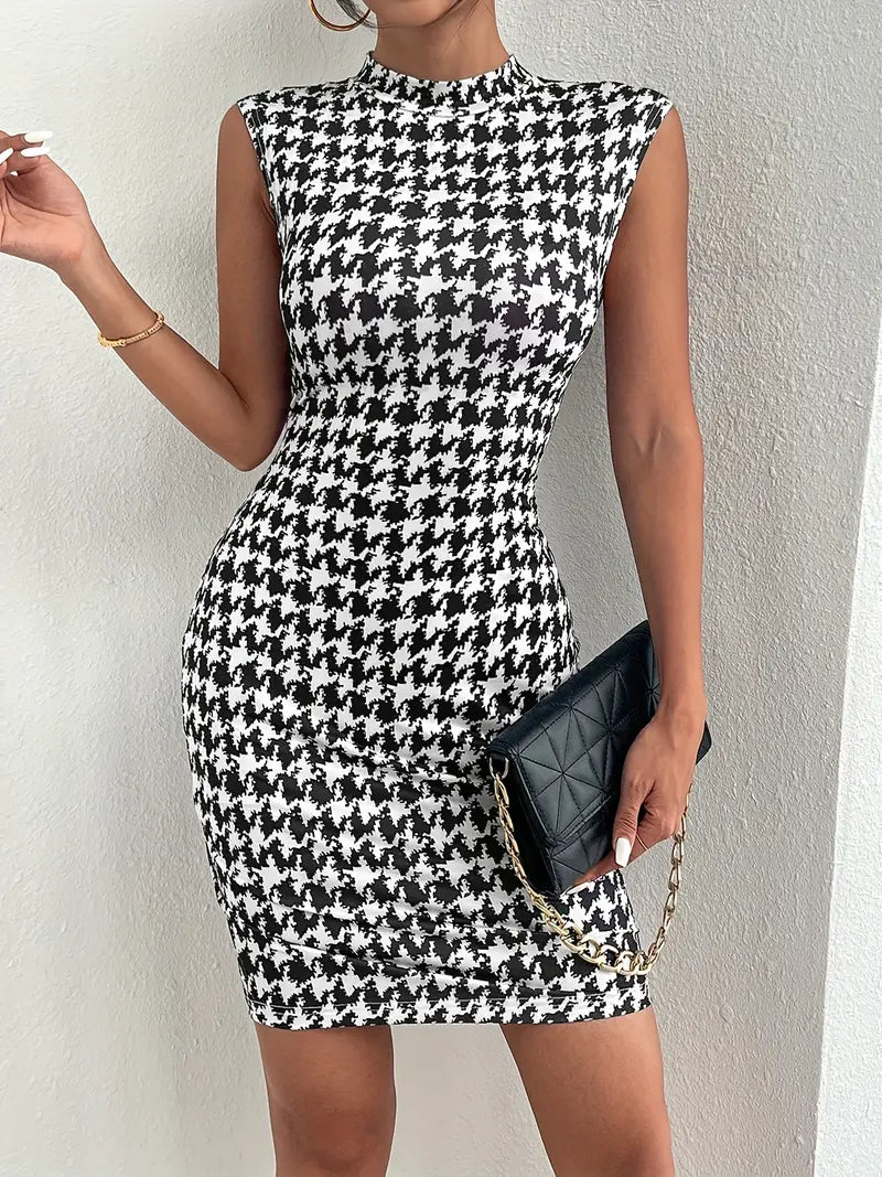 Chic Houndstooth Slim-Fit Mock Neck Dress