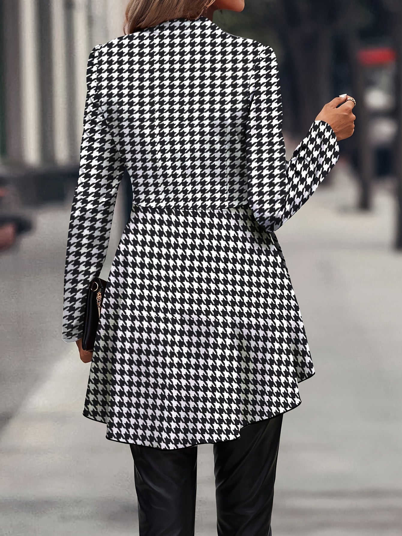 Elegant Houndstooth Print Long Sleeve Ruffle Trim Zip Up Jacket - by The Nichole Collection