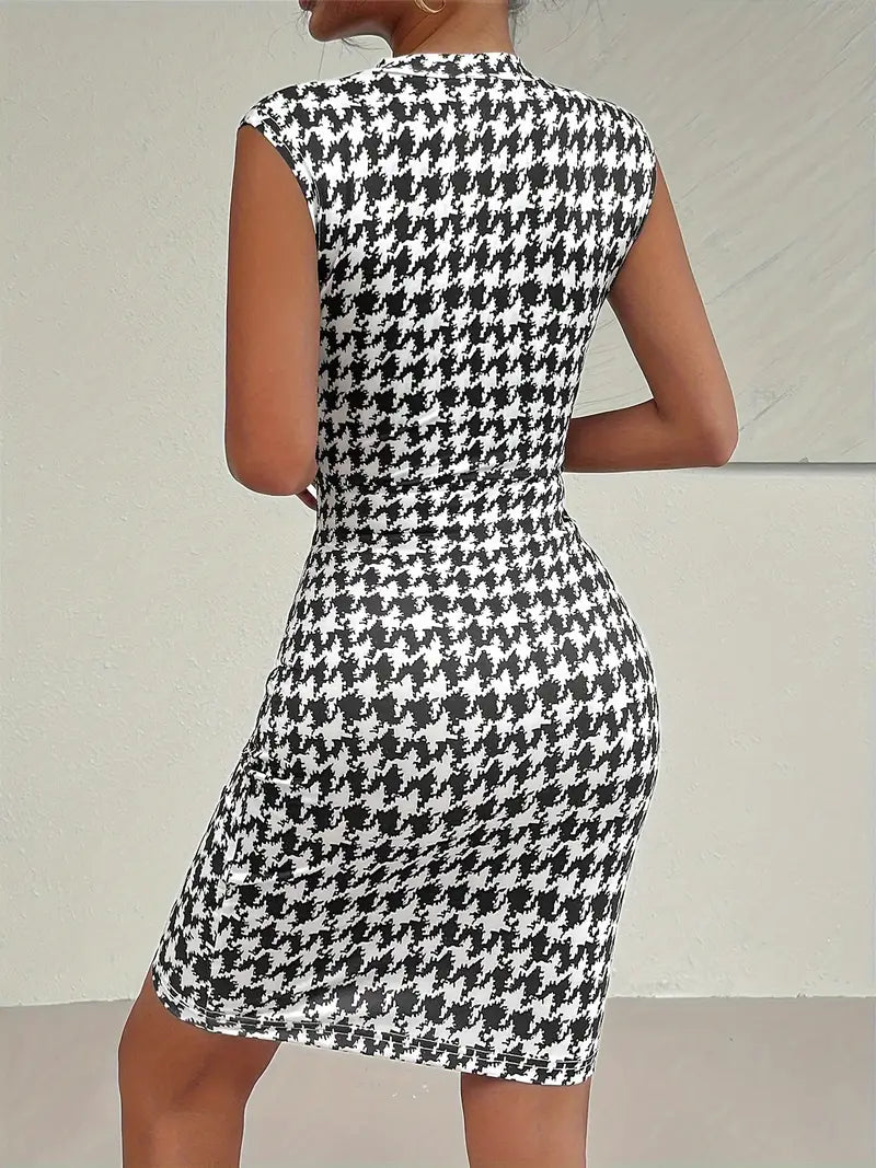 Chic Houndstooth Slim-Fit Mock Neck Dress