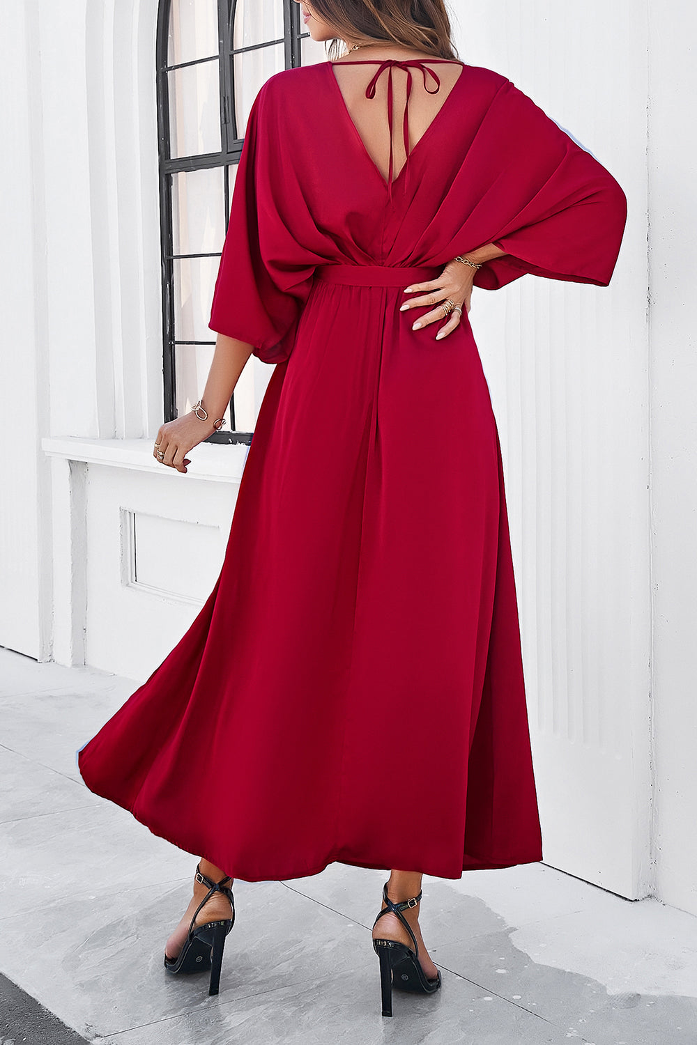 V-Neck Three-Quarter Sleeve Dress with Stylish Side Slit