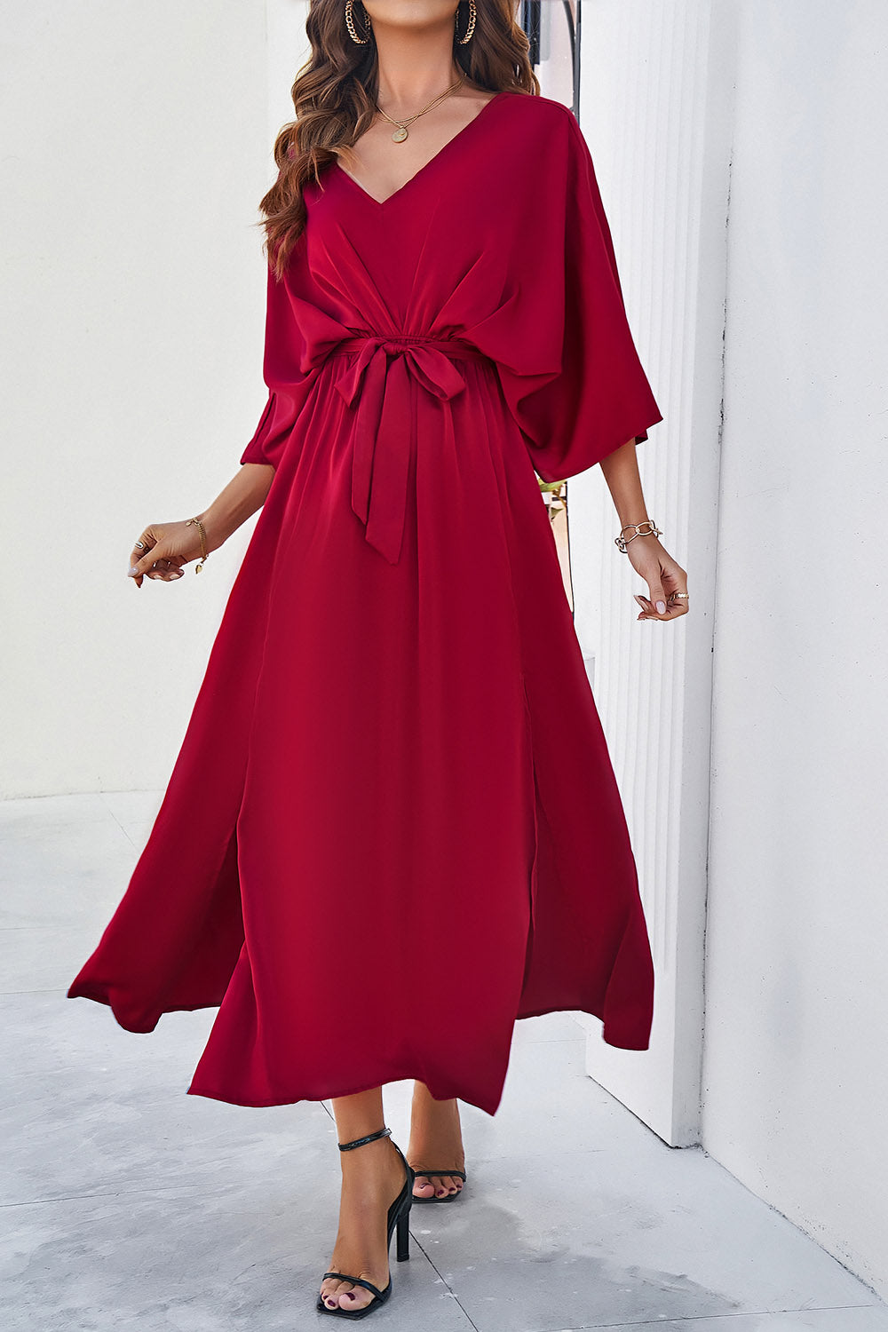 V-Neck Three-Quarter Sleeve Dress with Stylish Side Slit