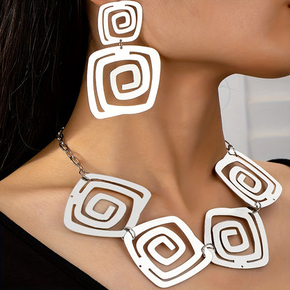 Geometric Spiral Hollow Necklace & Hanging Stud Earrings Set