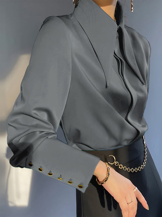 Women's Elegant Satin Feel Shirt, Lapel Collar with Button Detail