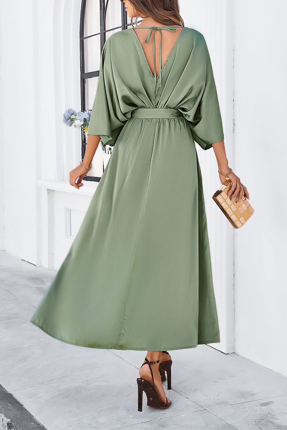 V-Neck Three-Quarter Sleeve Dress with Stylish Side Slit