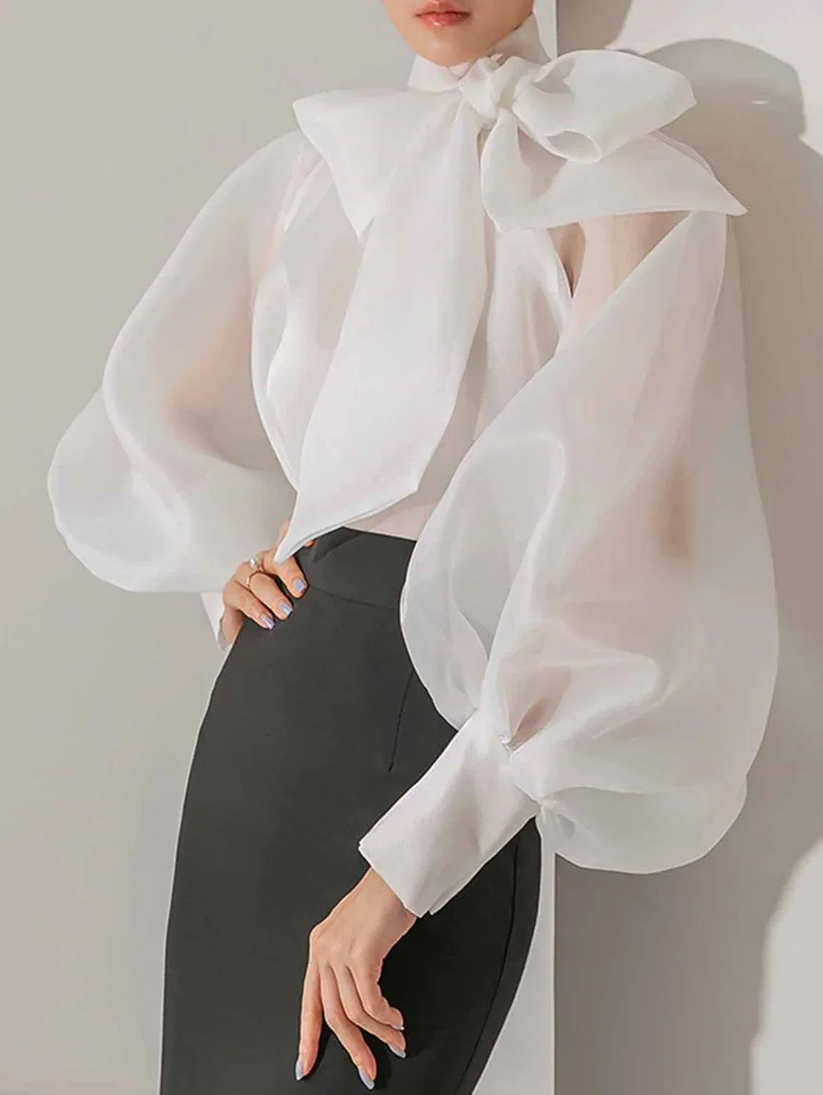 Chiffon Transparent Long Sleeve Bow Blouse - by The Nichole Collection