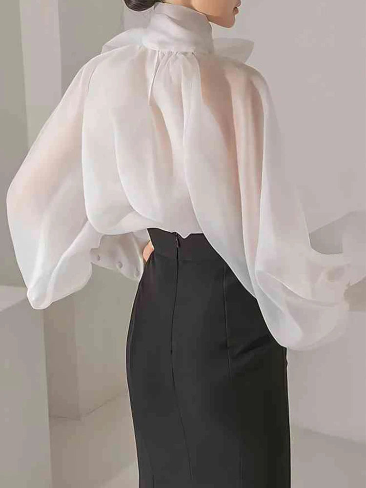 Chiffon Transparent Long Sleeve Bow Blouse - by The Nichole Collection