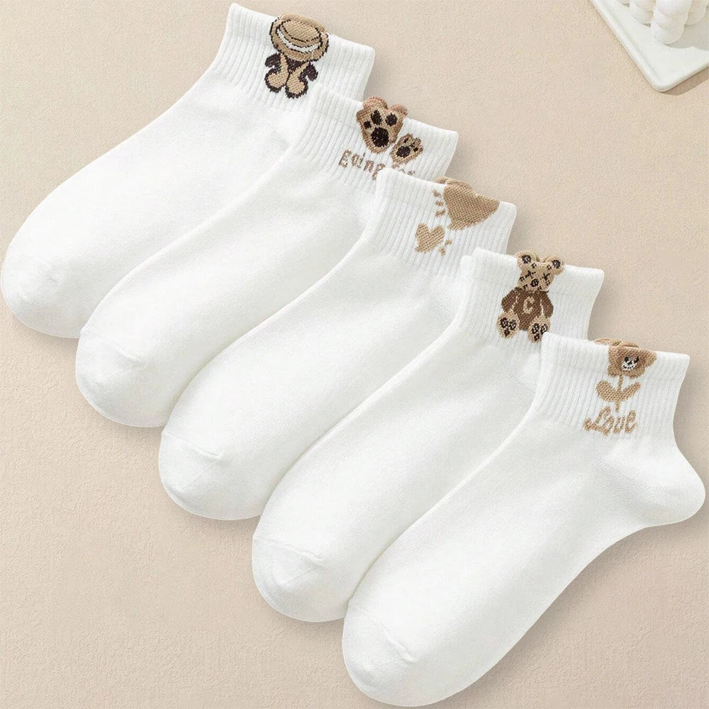 5 Pairs Women's Cartoon Teddy Bear Patterned Ankle Socks