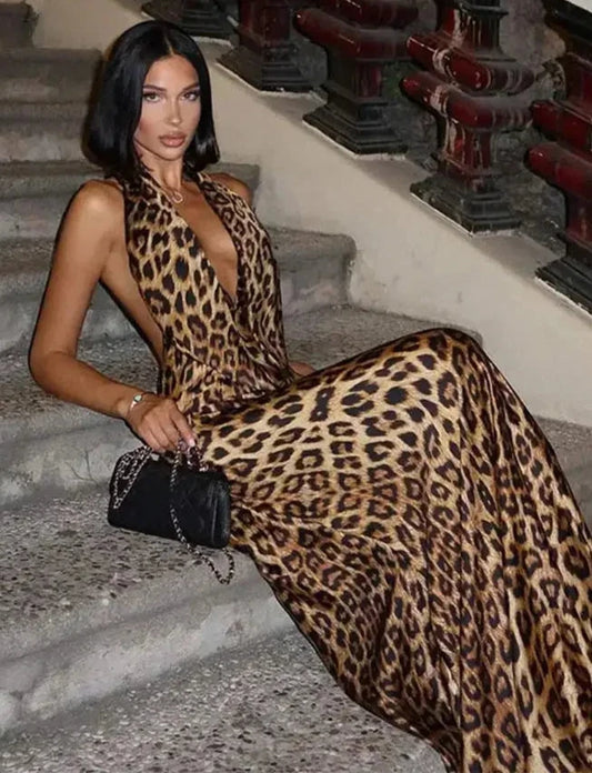 2024 Leopard Print Halter Maxi Dress – Sexy Backless Evening Wear