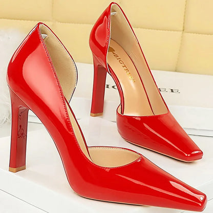 Women's Patent Leather Block Heels Open Side Shoes