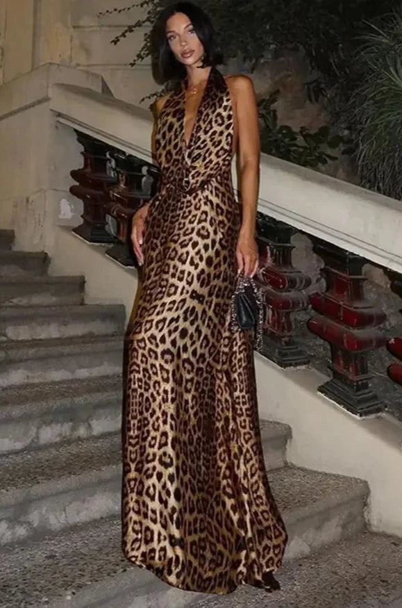 2024 Leopard Print Halter Maxi Dress – Sexy Backless Evening Wear