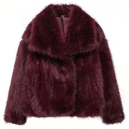 Women's Fluffy Faux Fur Jacket - Long Sleeve, Loose Stand Collar