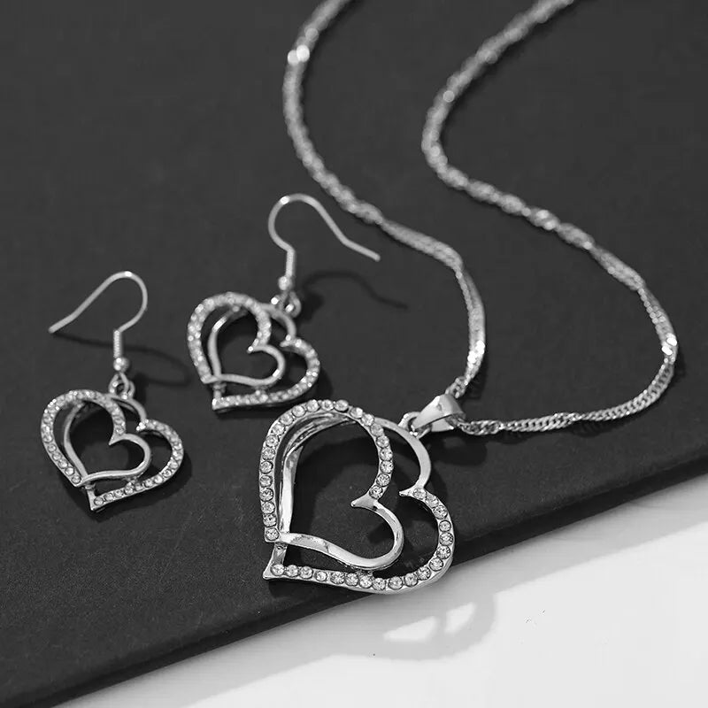 3 Pcs Rhinestone Double Heart Jewelry Set