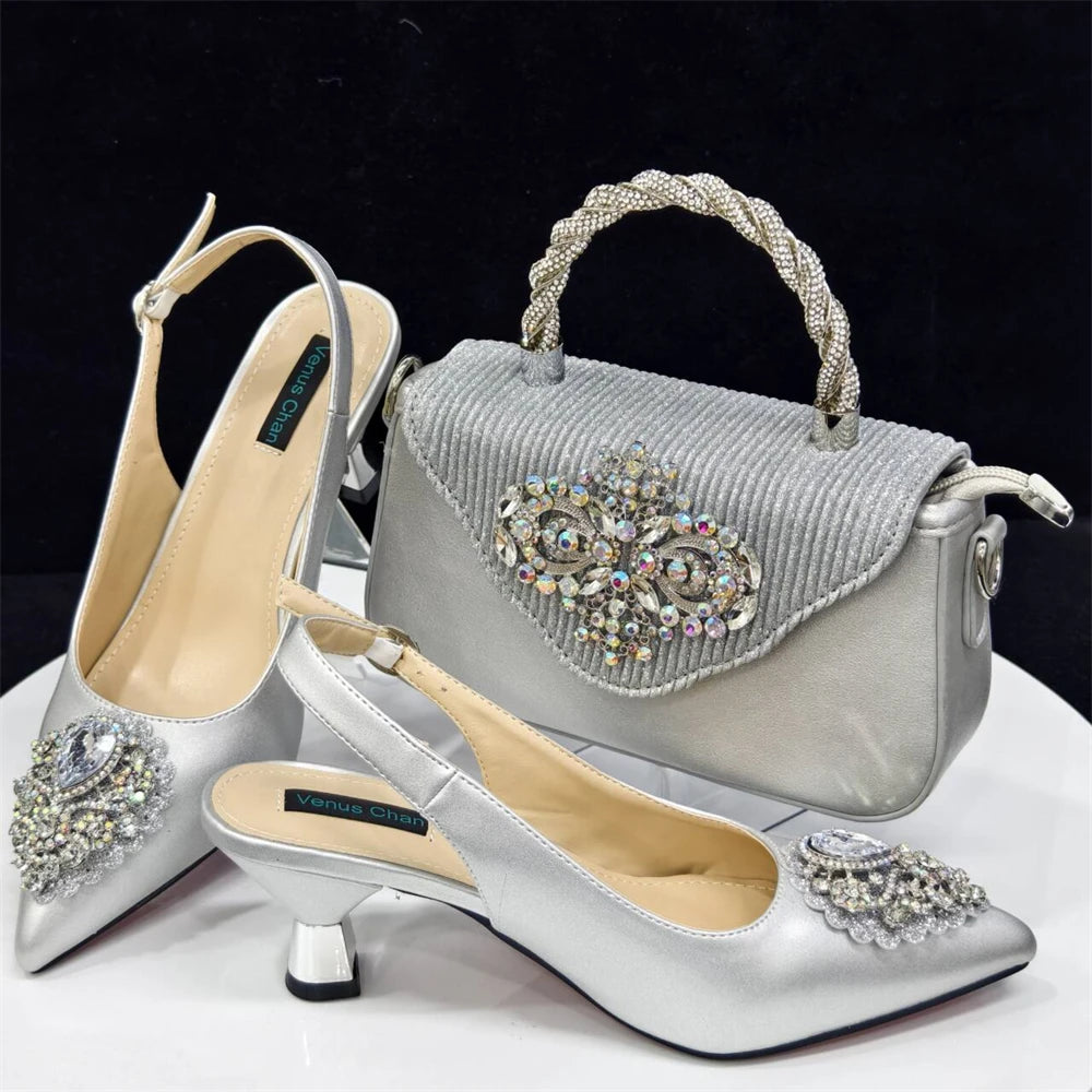 Handmade Italian Rhinestone Pointed Toe High Heel Shoes and Bag Set