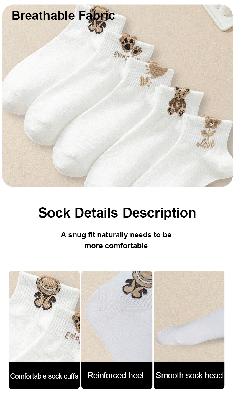 5 Pairs Women's Cartoon Teddy Bear Patterned Ankle Socks