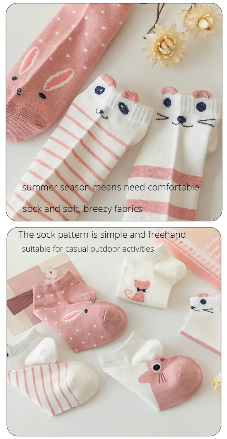 Women’s Short Pink Cat Boat Socks (5 Pairs)