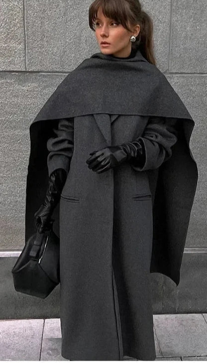 European Style Single-Breasted Wool Coat with Scarf Accent