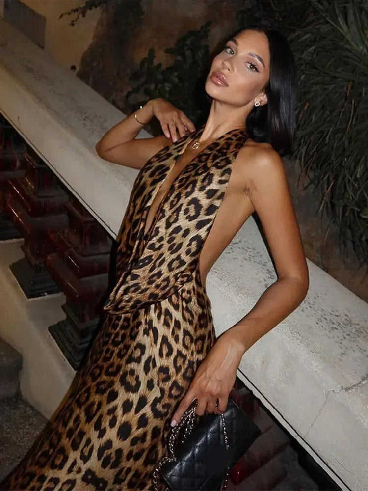 2024 Leopard Print Halter Maxi Dress – Sexy Backless Evening Wear Leopard print