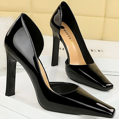 Women's Patent Leather Block Heels Open Side Shoes