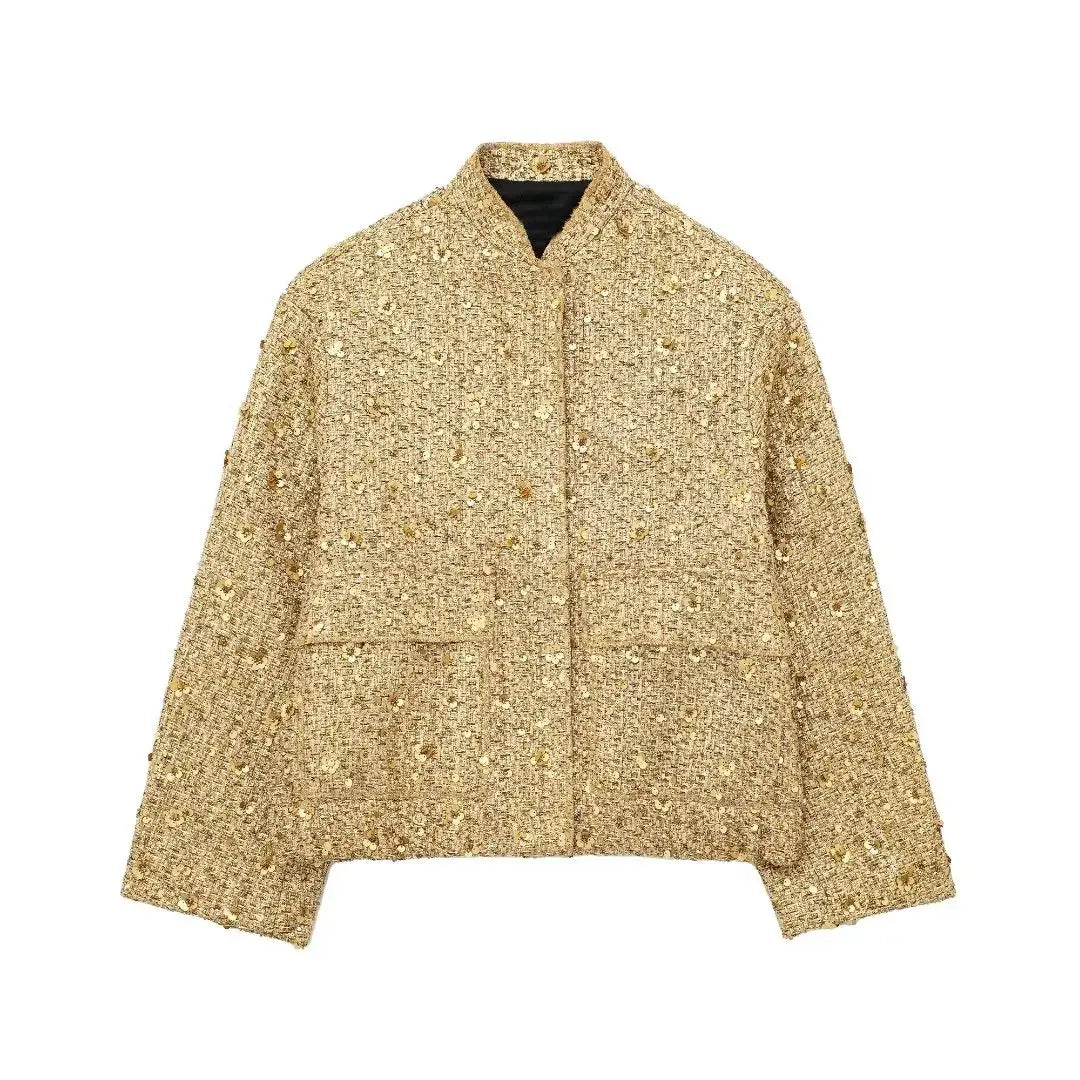 Shiny Gold Color Stand Collar Short Coat