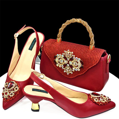 Handmade Italian Rhinestone Pointed Toe High Heel Shoes and Bag Set