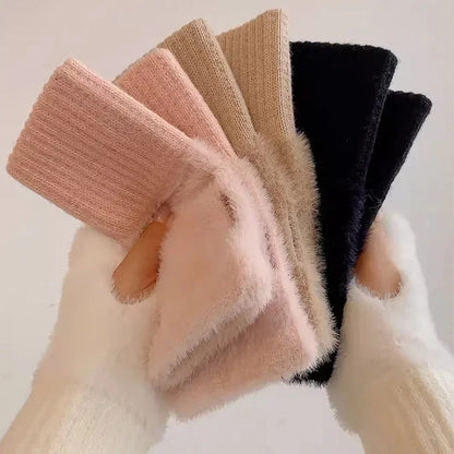 Faux Mink Fleece Winter Fingerless Gloves for Women - Soft White Wrist Mittens