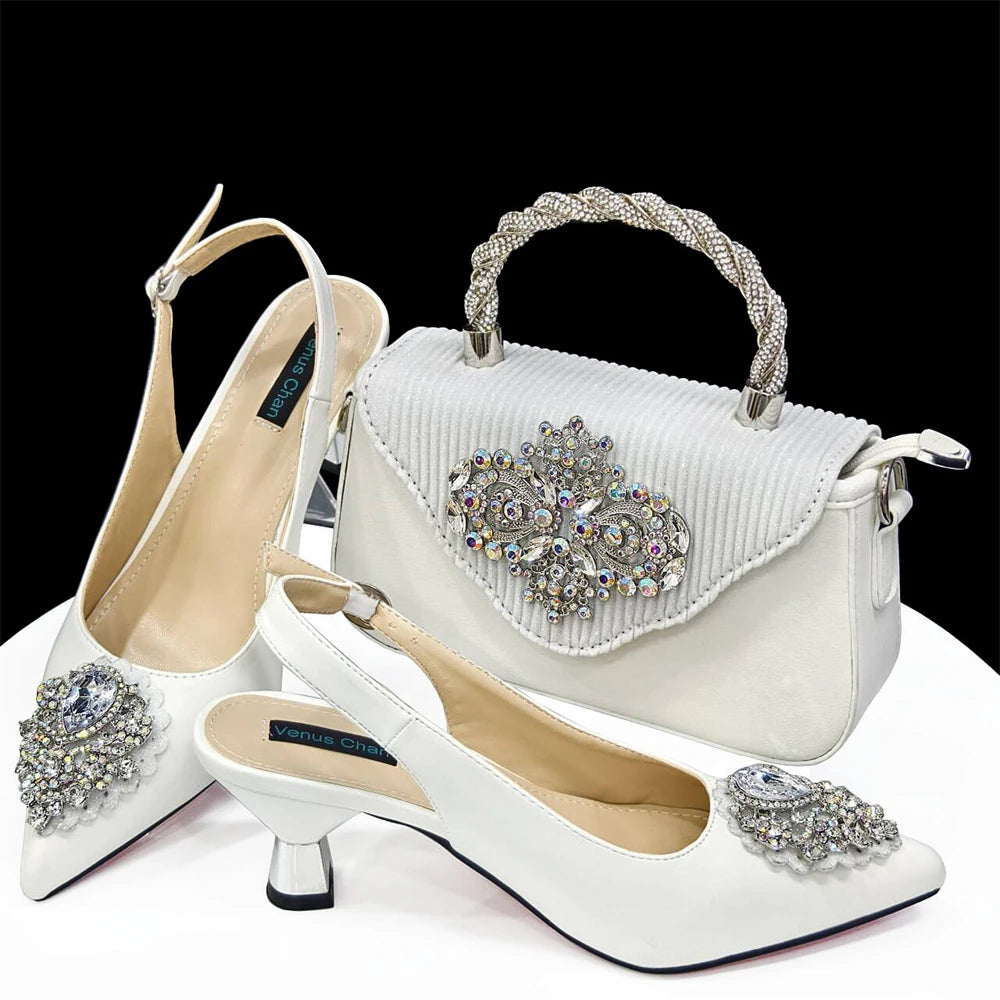 Handmade Italian Rhinestone Pointed Toe High Heel Shoes and Bag Set