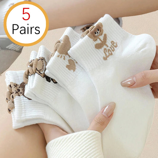 5 Pairs Women's Cartoon Teddy Bear Patterned Ankle Socks