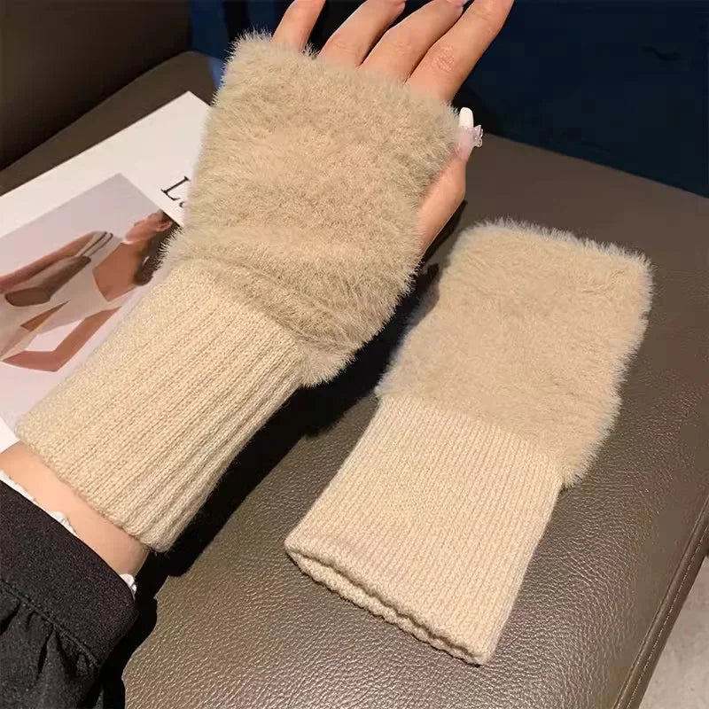 Faux Mink Fleece Winter Fingerless Gloves for Women - Soft White Wrist Mittens