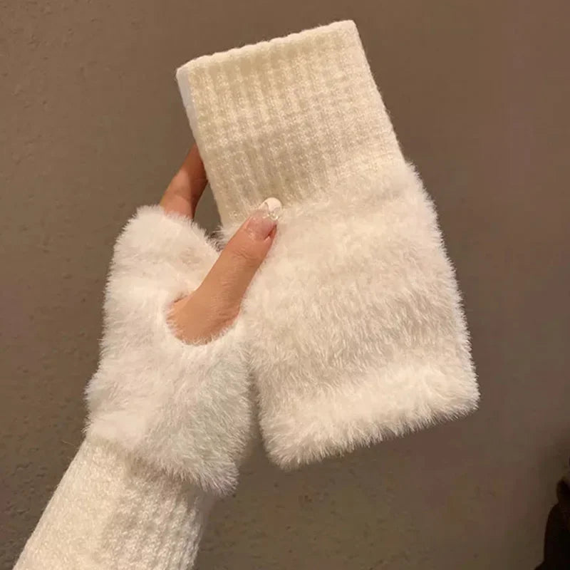 Faux Mink Fleece Winter Fingerless Gloves for Women - Soft White Wrist Mittens