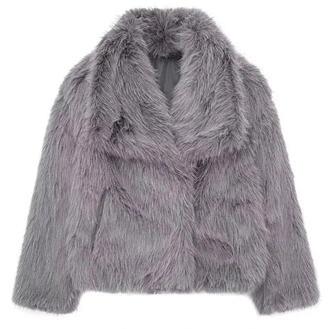 Women's Fluffy Faux Fur Jacket - Long Sleeve, Loose Stand Collar