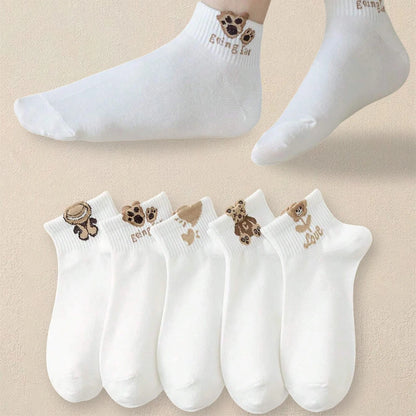 5 Pairs Women's Cartoon Teddy Bear Patterned Ankle Socks