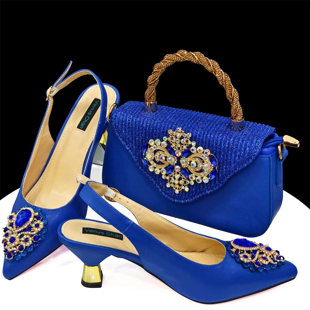 Handmade Italian Rhinestone Pointed Toe High Heel Shoes and Bag Set