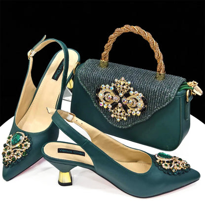 Handmade Italian Rhinestone Pointed Toe High Heel Shoes and Bag Set