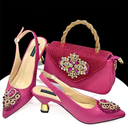 Handmade Italian Rhinestone Pointed Toe High Heel Shoes and Bag Set