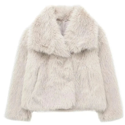 Women's Fluffy Faux Fur Jacket - Long Sleeve, Loose Stand Collar