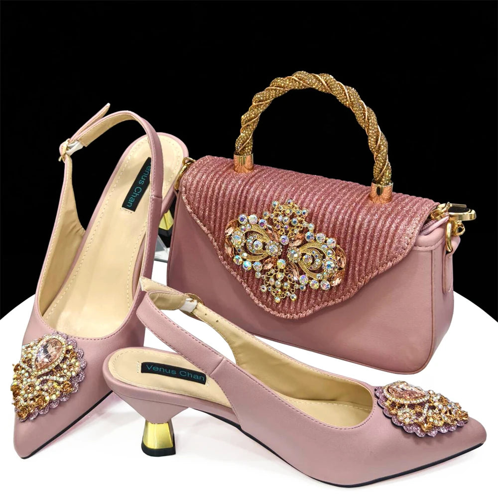 Handmade Italian Rhinestone Pointed Toe High Heel Shoes and Bag Set