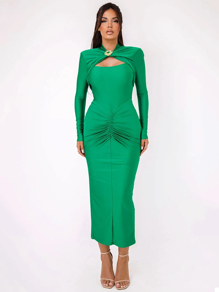 Sexy Maxi Dress with Metal Buckle - Green