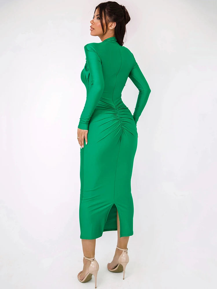 Sexy Maxi Dress with Metal Buckle - Green Back