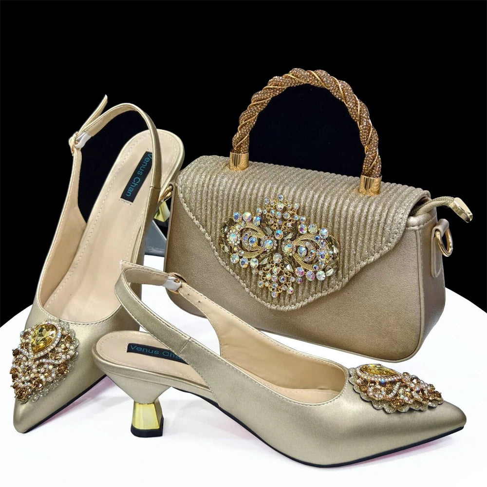 Handmade Italian Rhinestone Pointed Toe High Heel Shoes and Bag Set