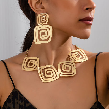 Geometric Spiral Hollow Necklace & Hanging Stud Earrings Set